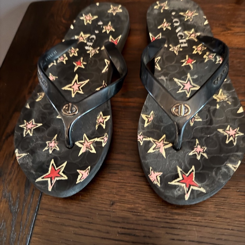 Coach Black and Red Star Flip Flops